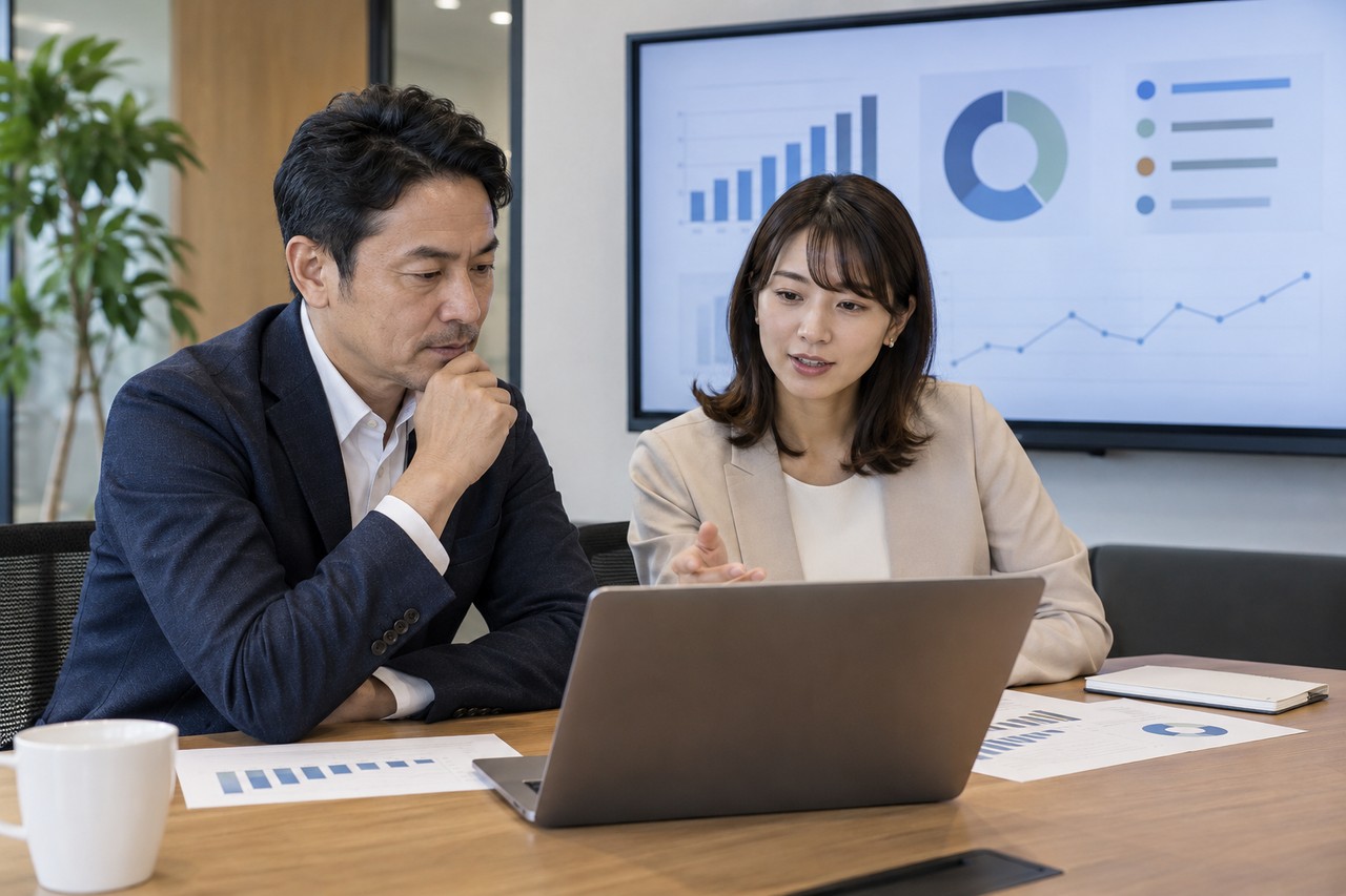 問い合わせ傾向と改善項目を確認する経営者と担当者