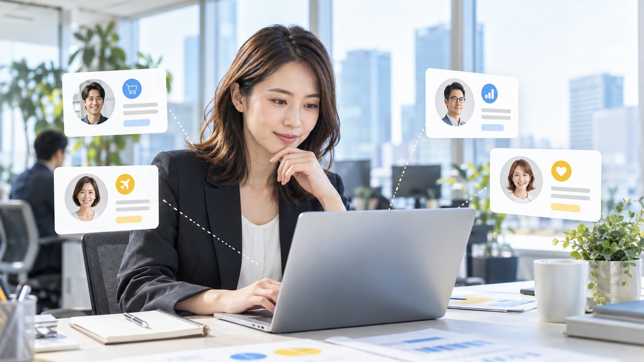顧客データを見ながらAIでおすすめ内容を分けるマーケティング担当者