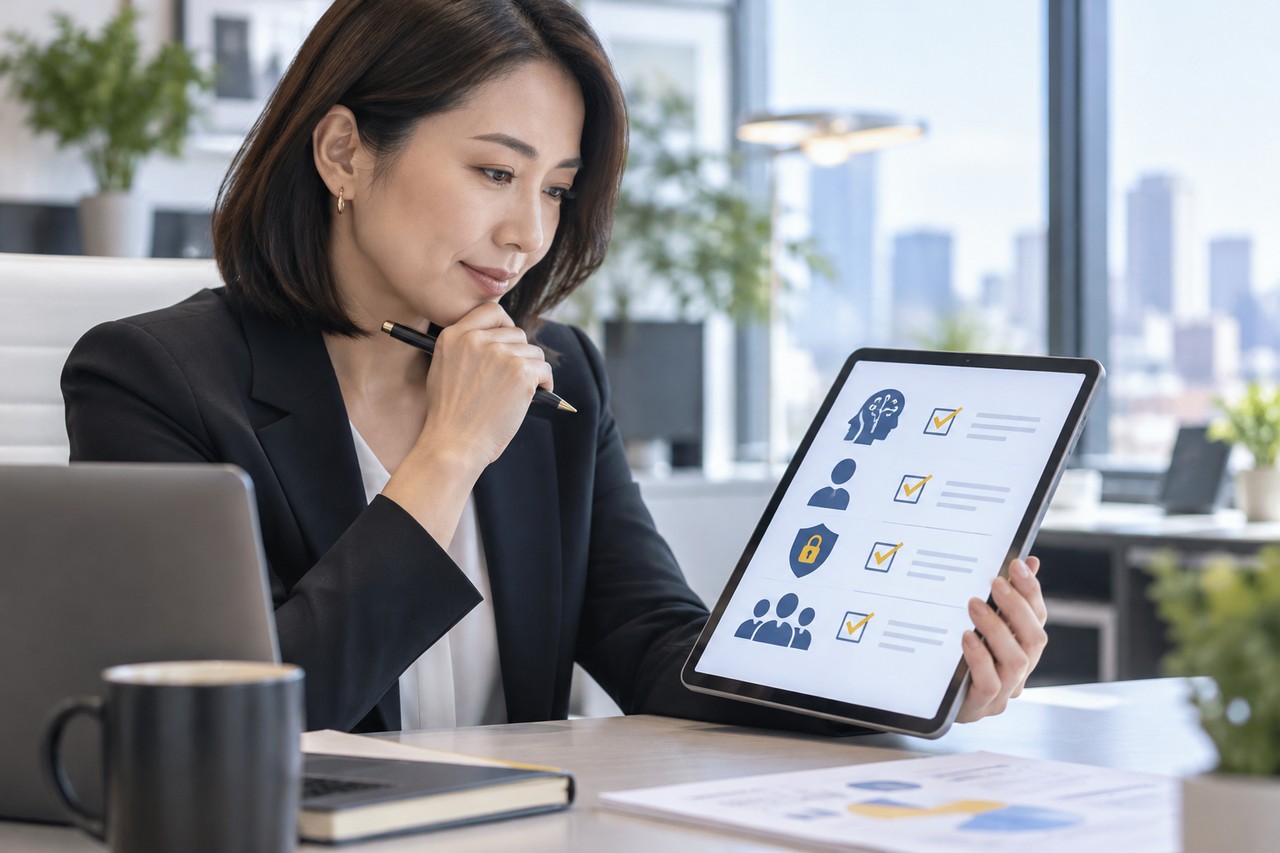 AI配信ルールを確認しながら同意と人の承認フローをチェックする担当者