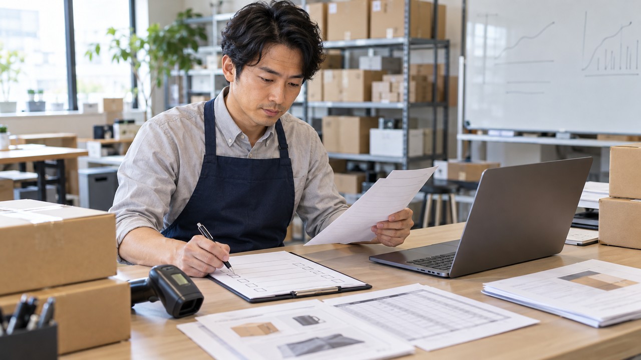 EC担当者が商品ページと在庫データの確認項目を照合している様子