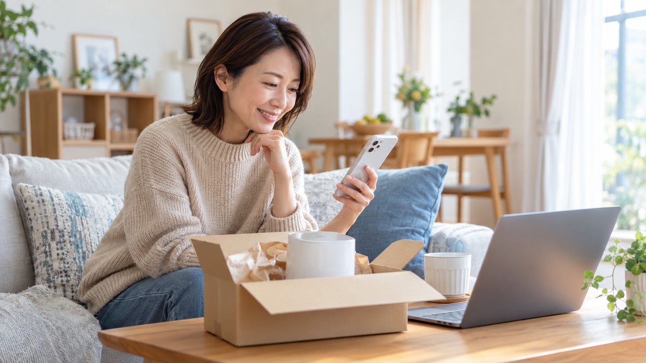 購入者が商品比較画面から配送と返品条件を確認して購入へ進む場面
