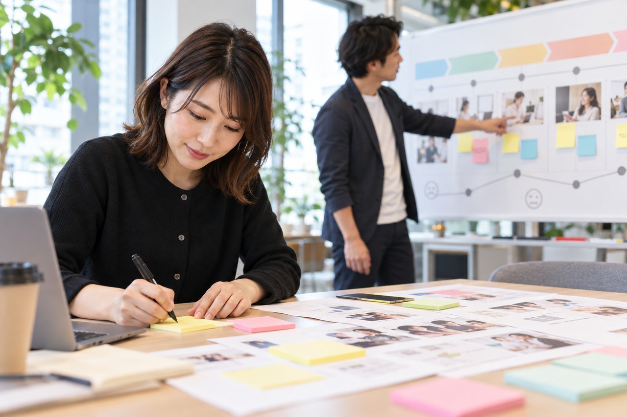 マーケターが顧客の悩みに沿った訴求を検討している場面