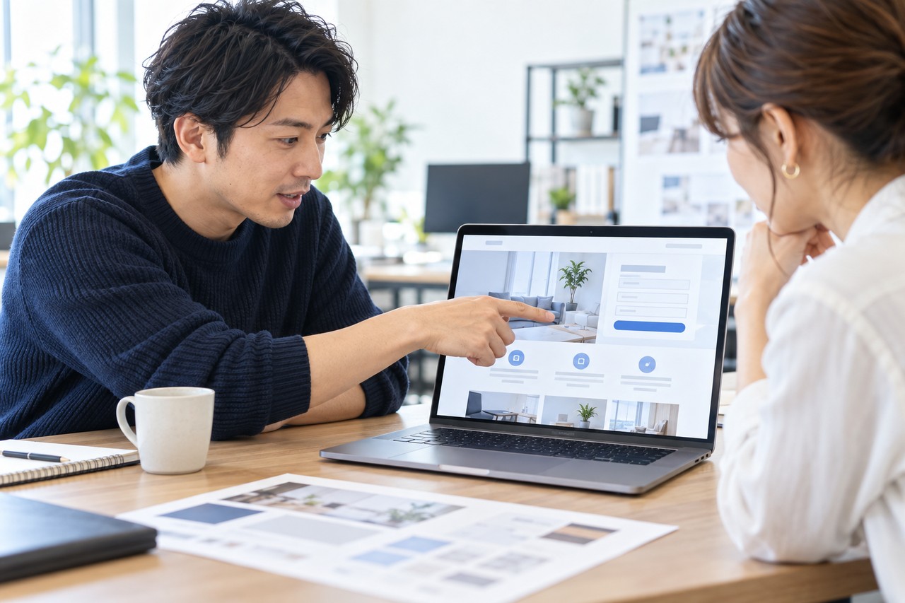 担当者が問い合わせ導線を含むランディングページを確認している場面