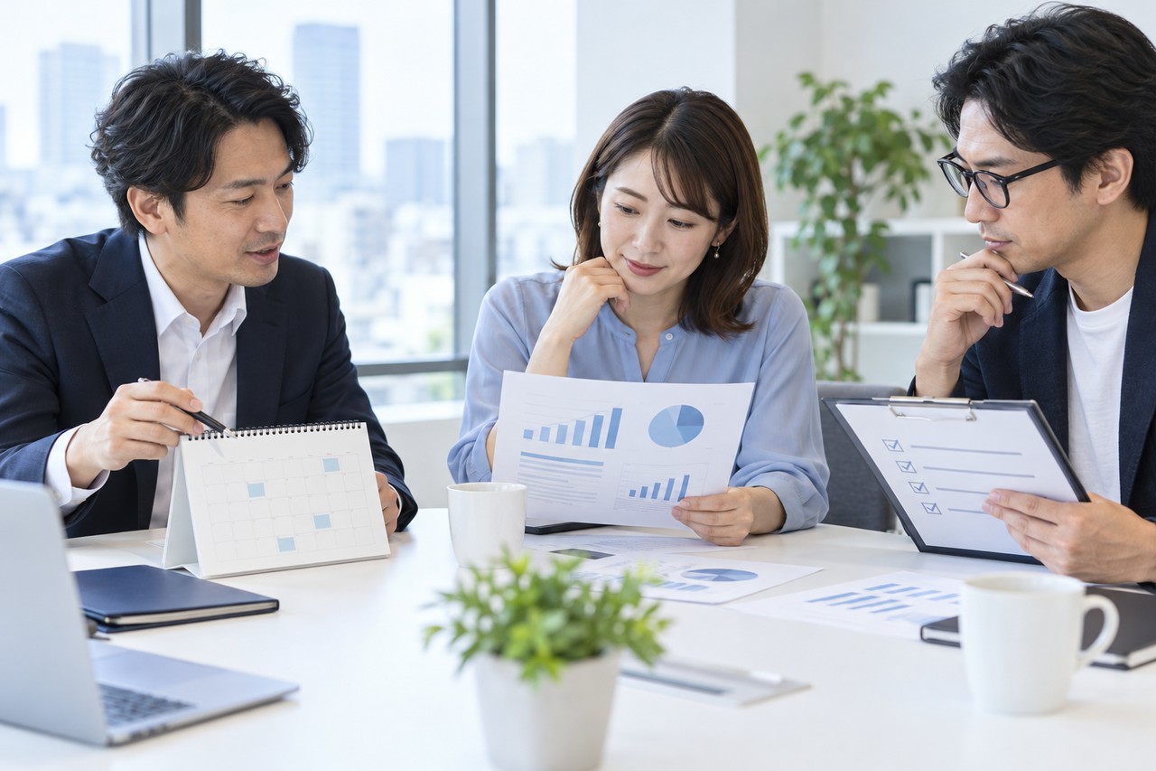 マーケティングチームが広告開始前の予算と承認手順を確認している場面