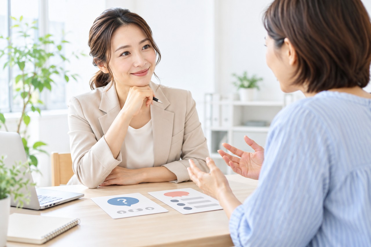 中小企業の経営者がマーケティング担当者に出稿準備を相談している場面