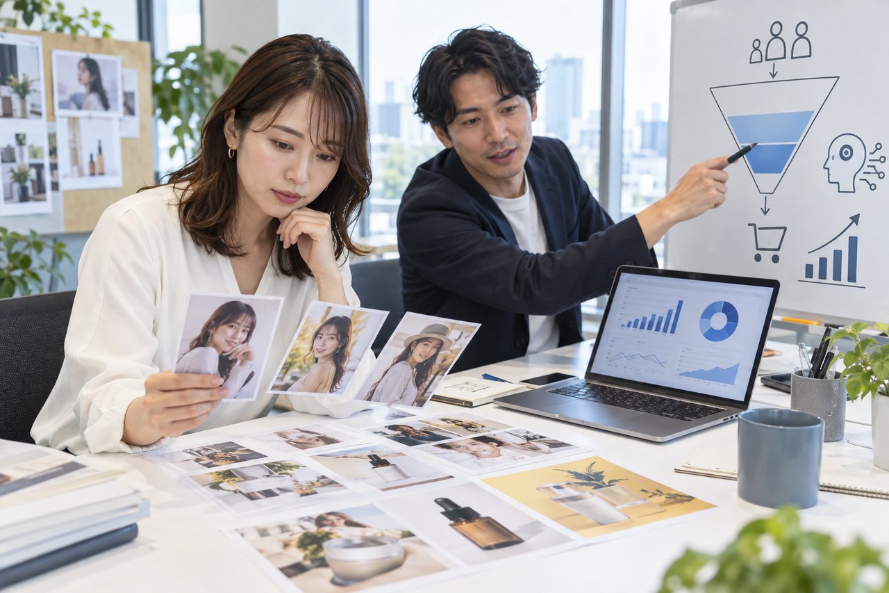 クリエイター候補と購買ファネルを見比べながらAI活用方針を検討するマーケティング担当者