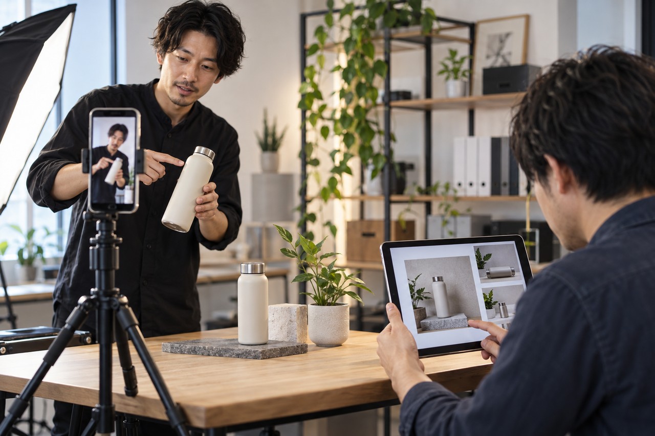 担当者が縦型動画と複数比率の広告画像を制作している様子