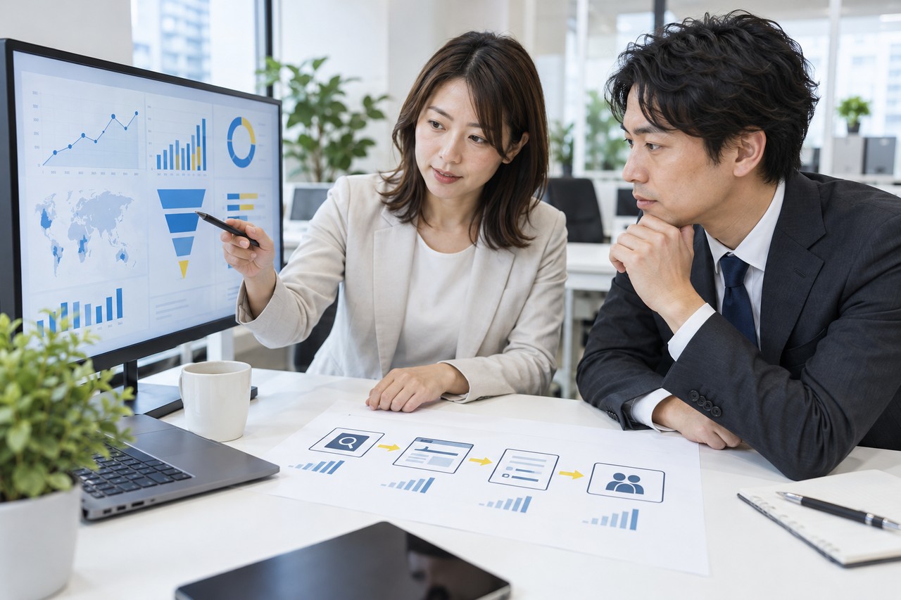 海外向け広告の成果と問い合わせ導線をダッシュボードで確認する担当者