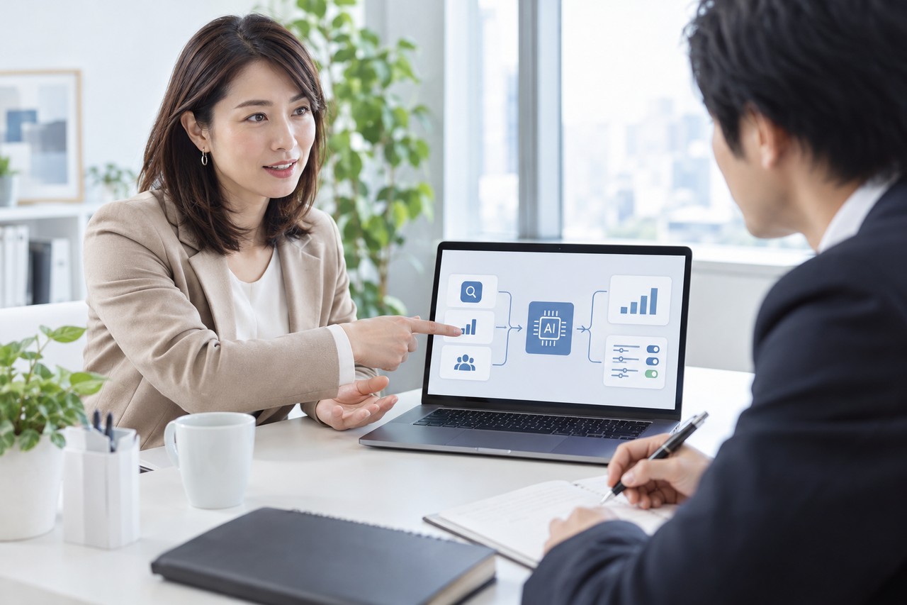 検索広告の管理画面でAI Maxの役割を確認するマーケティング担当者