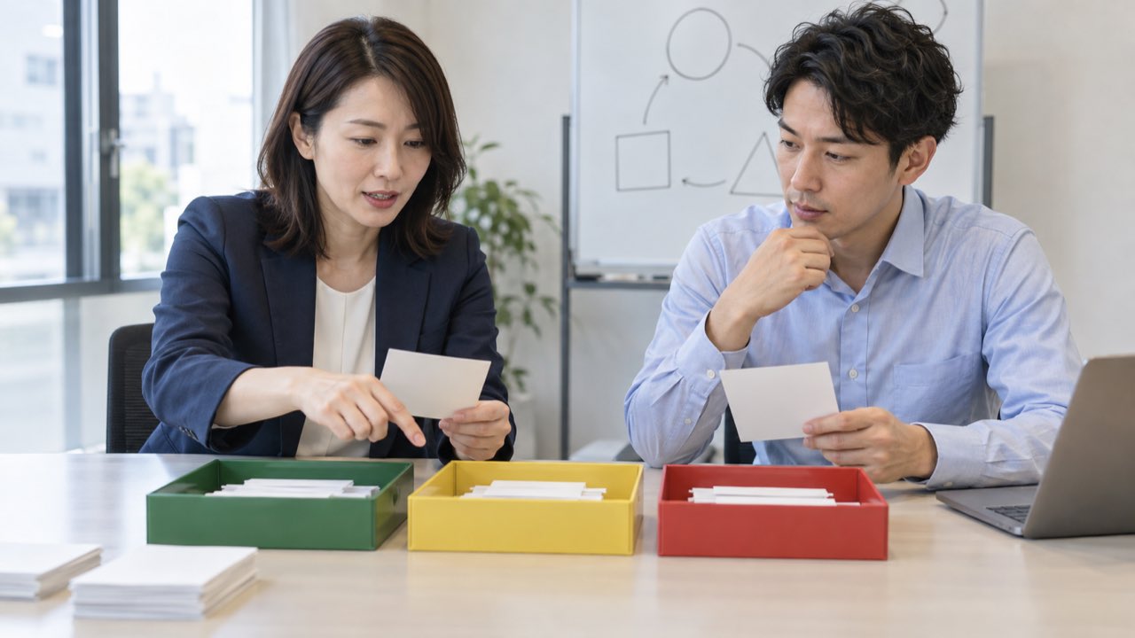 営業担当と広告担当が問い合わせカードを有効・保留・対象外に分類する場面