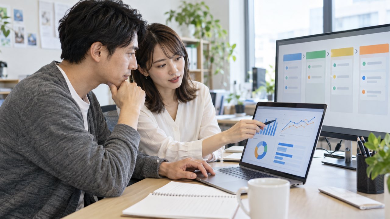 広告分析画面と商談ステージを見比べて成果を確認する担当者