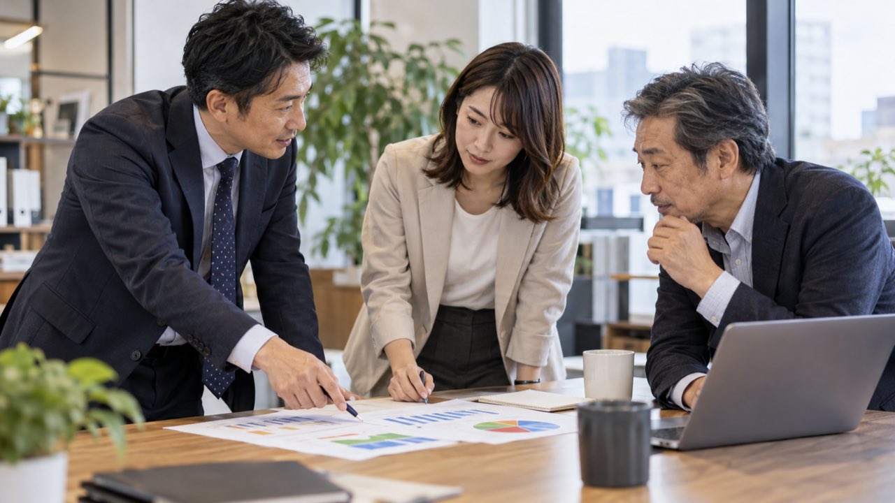 営業とマーケティングの担当者が週次レビューで広告成果を確認する様子