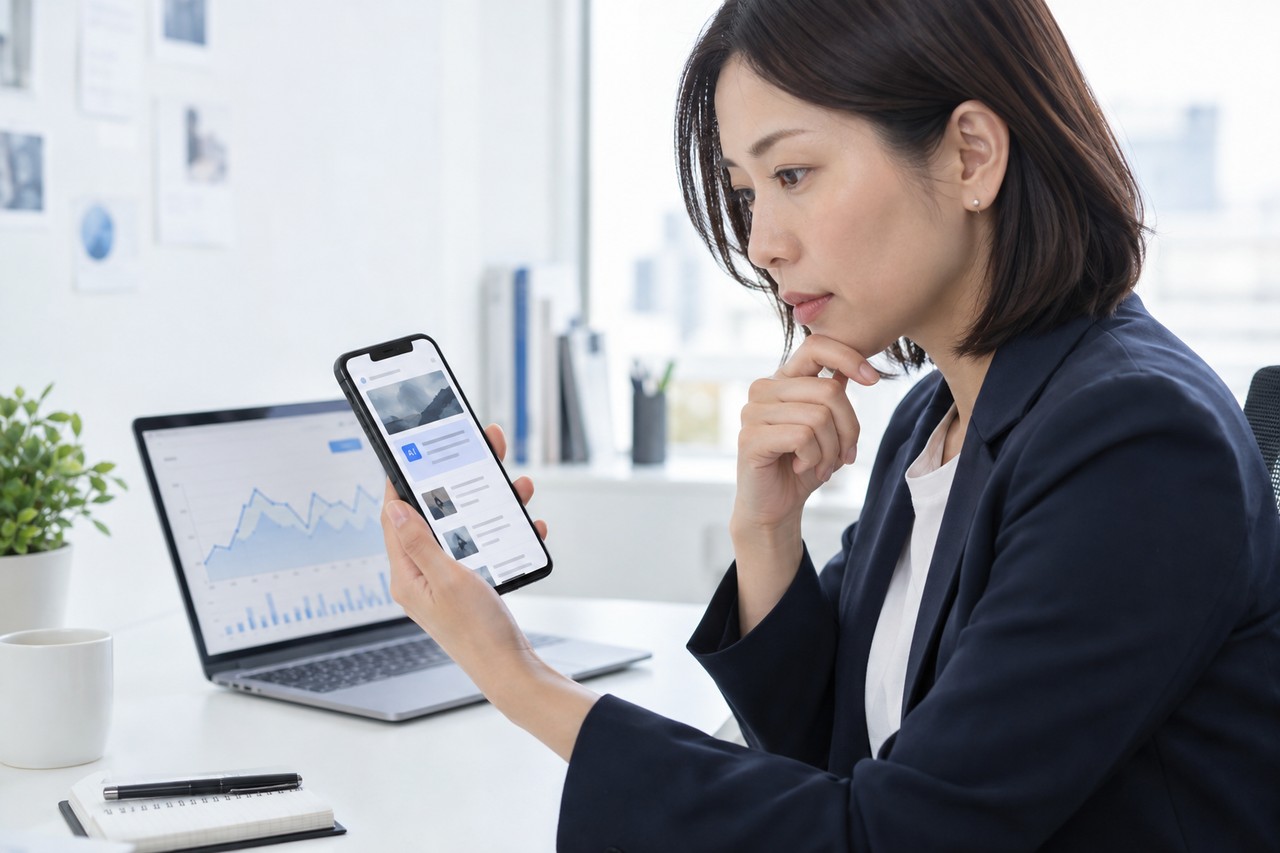 スマートフォンのDiscover風フィードでAI要約カードを確認する担当者
