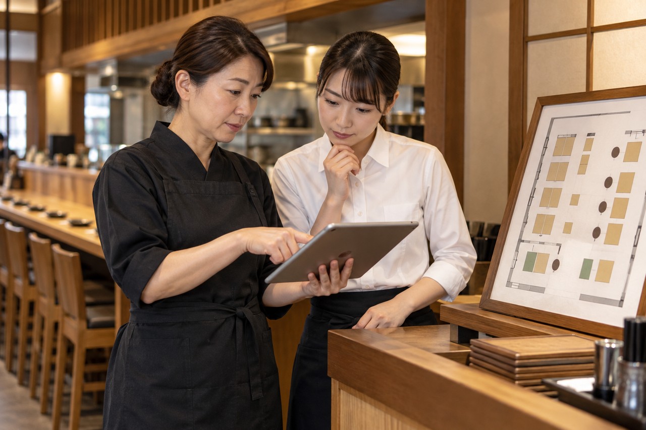 予約台帳の空席情報と例外対応のルールを確認する店長とスタッフ