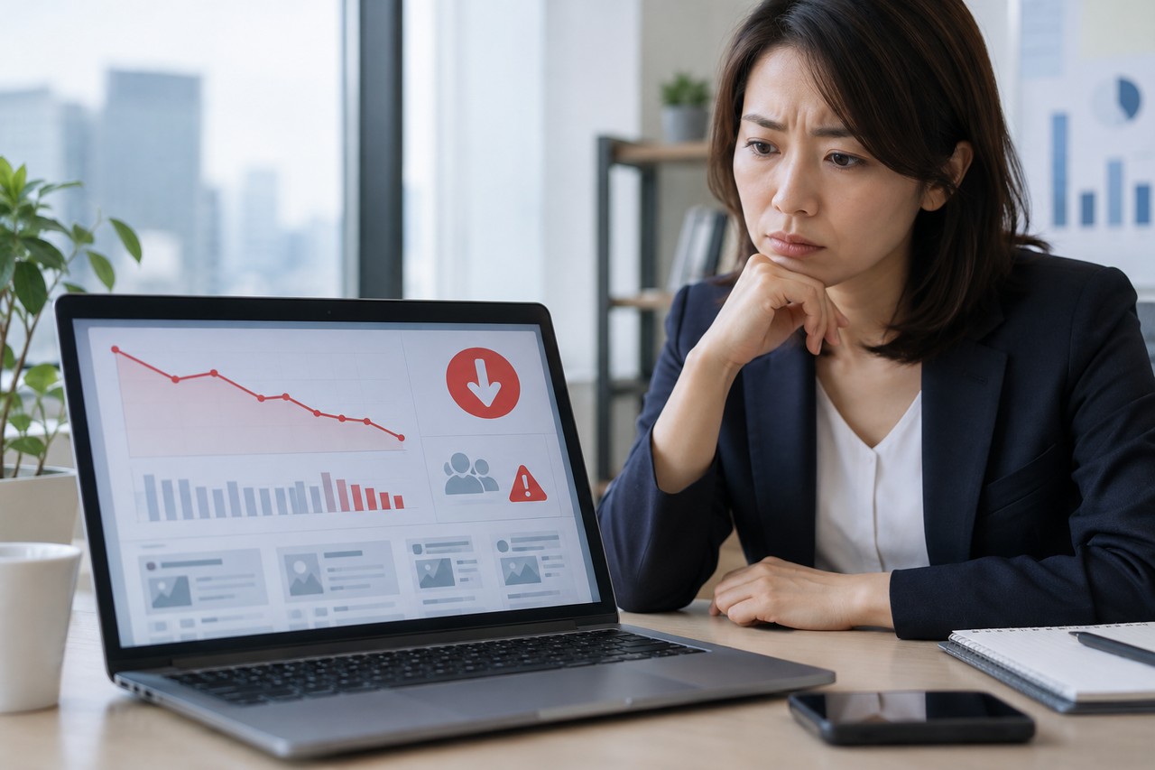 企業SNSのリーチ低下と信頼低下をダッシュボードで確認する担当者