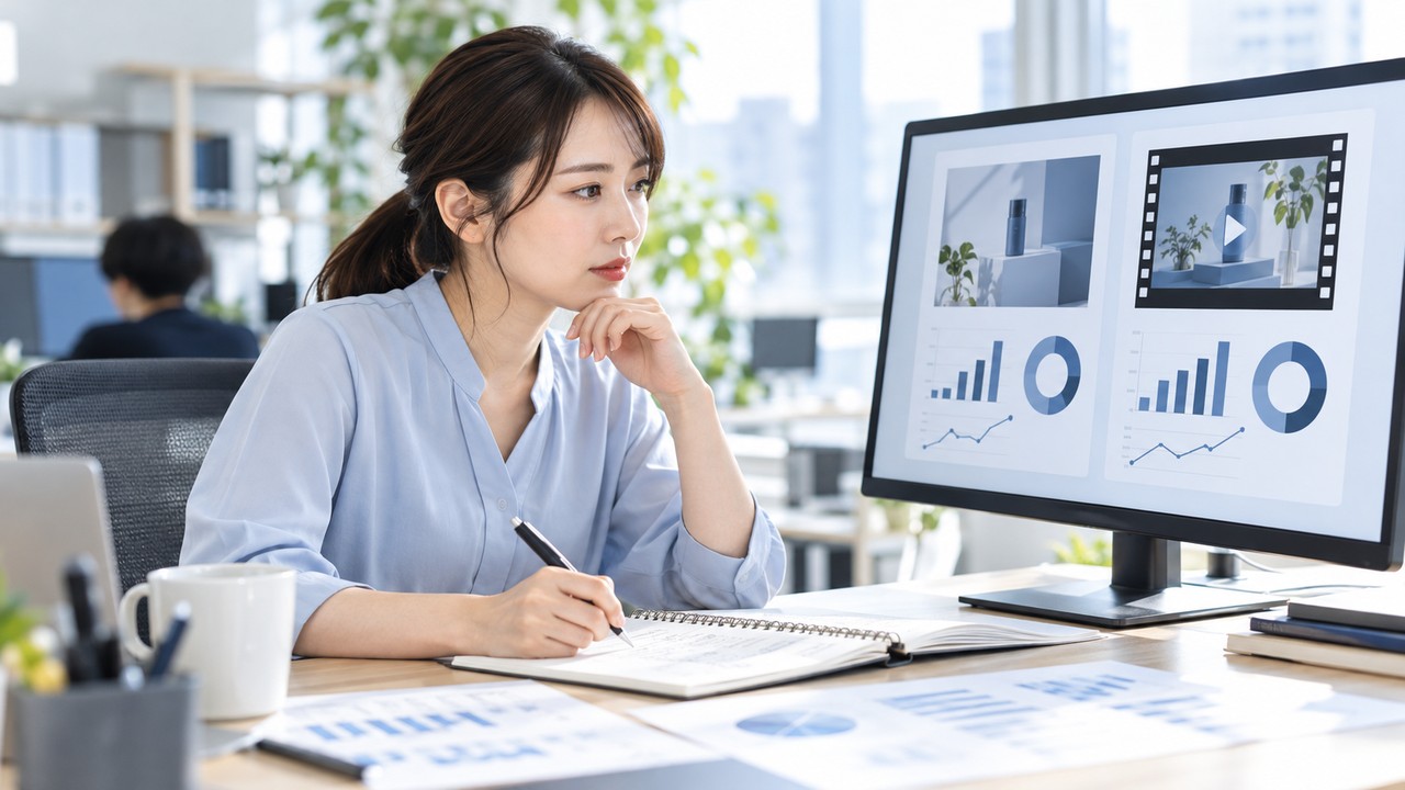 中小企業の広告担当者がパソコンで静止画と短い動画を比較し、訴求仮説を確認している様子