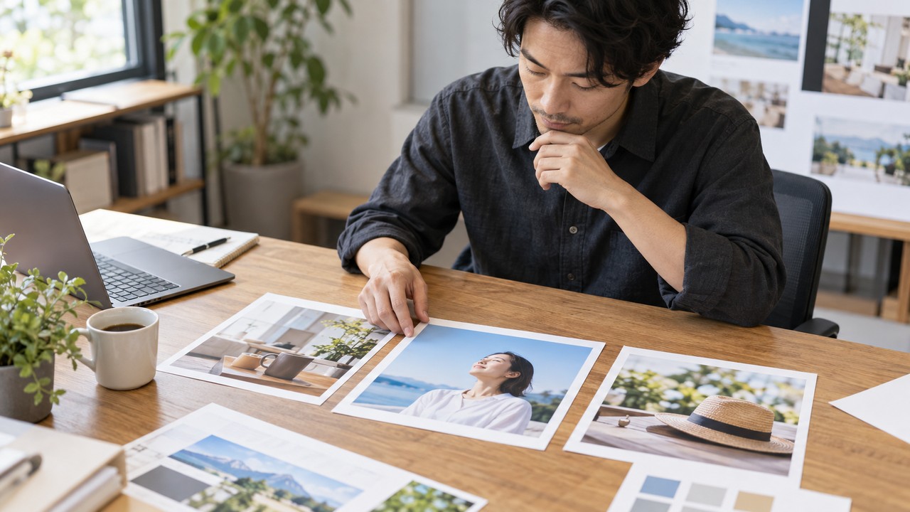 広告担当者が商品価値、利用場面、行動喚起が整理された複数の静止画素材を選んでいる場面