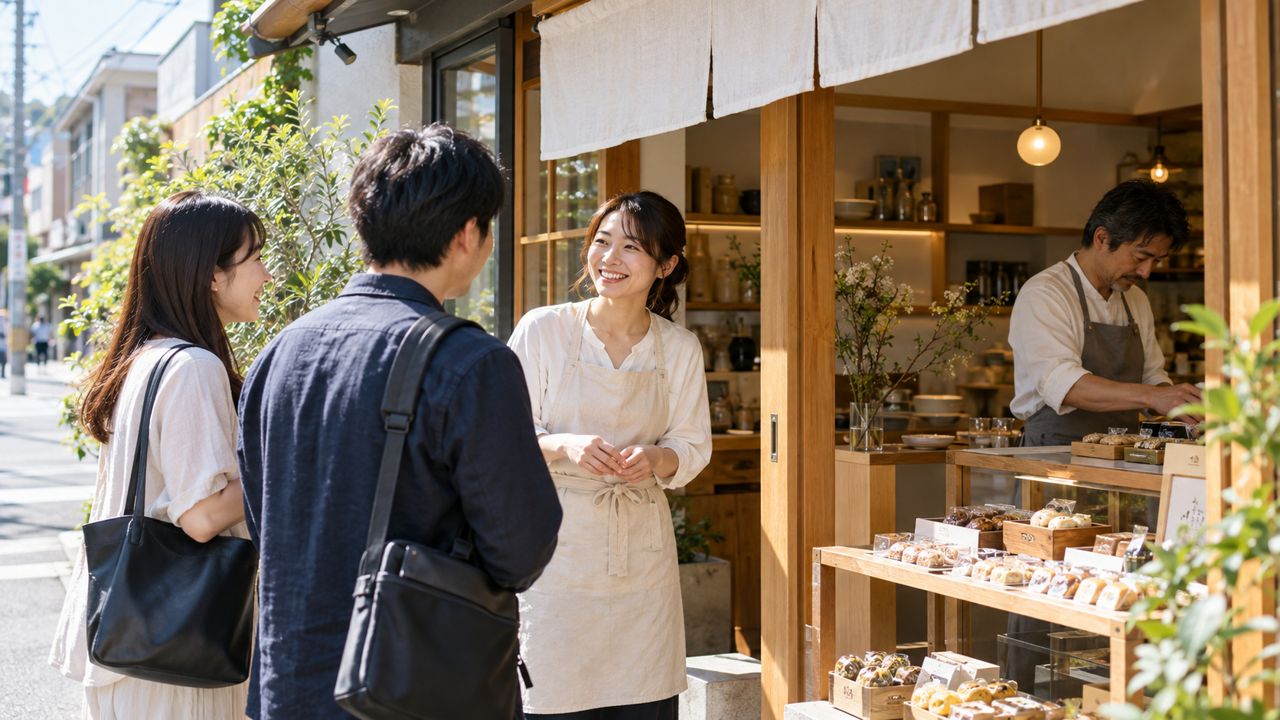 新店舗の開業日に客を迎える店主とスタッフ