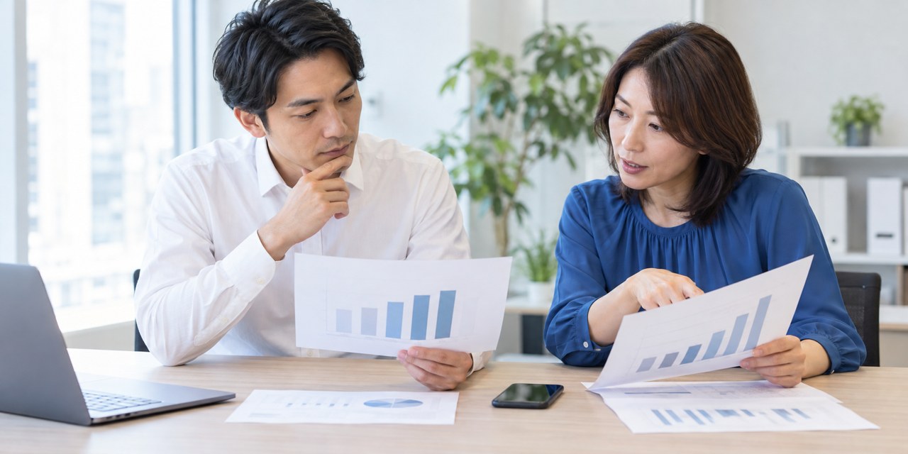 広告の反応を示すグラフとスマートフォンを確認する担当者