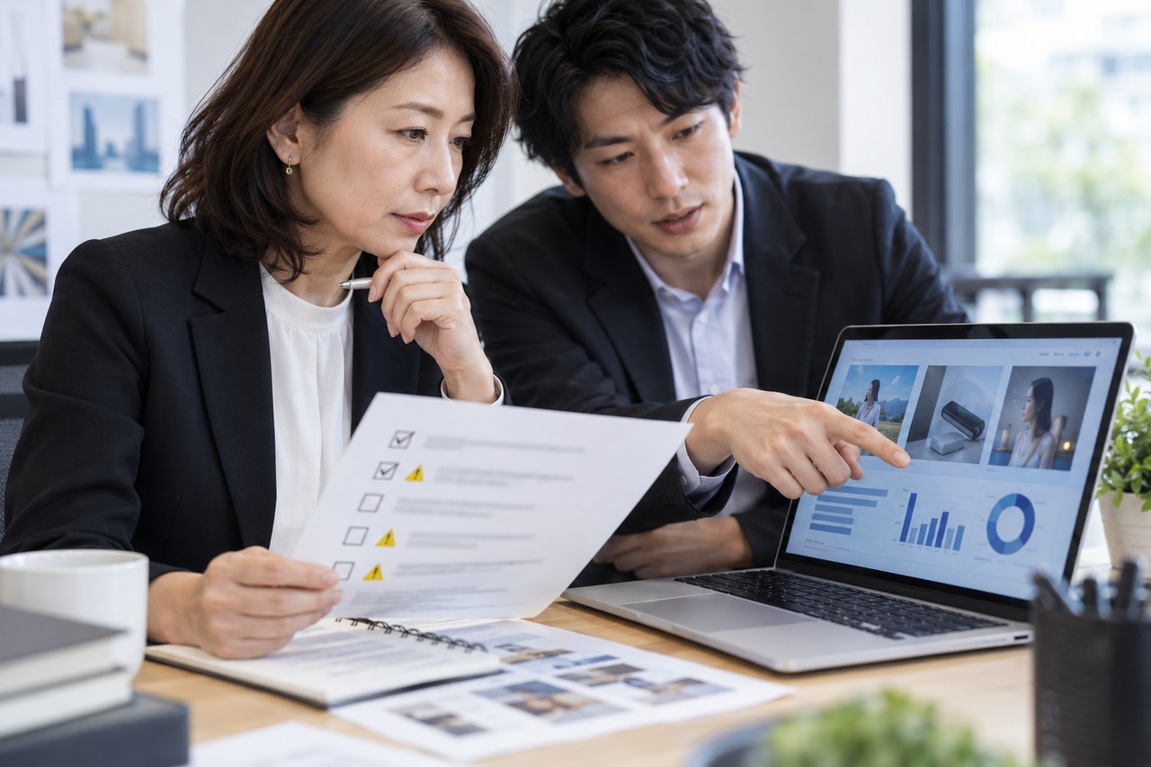 AIの広告改善提案を人が確認して承認する会議風景