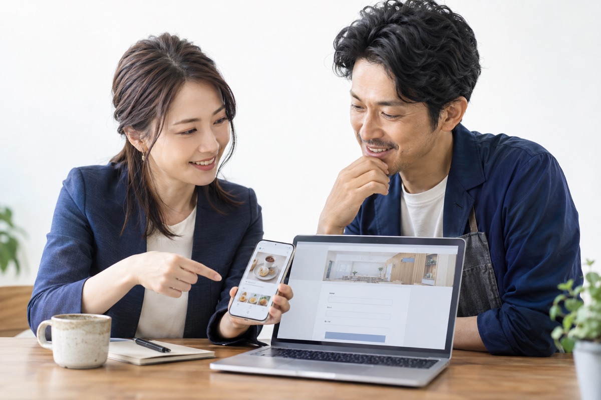 スマートフォンの投稿と予約ページを確認する相談場面