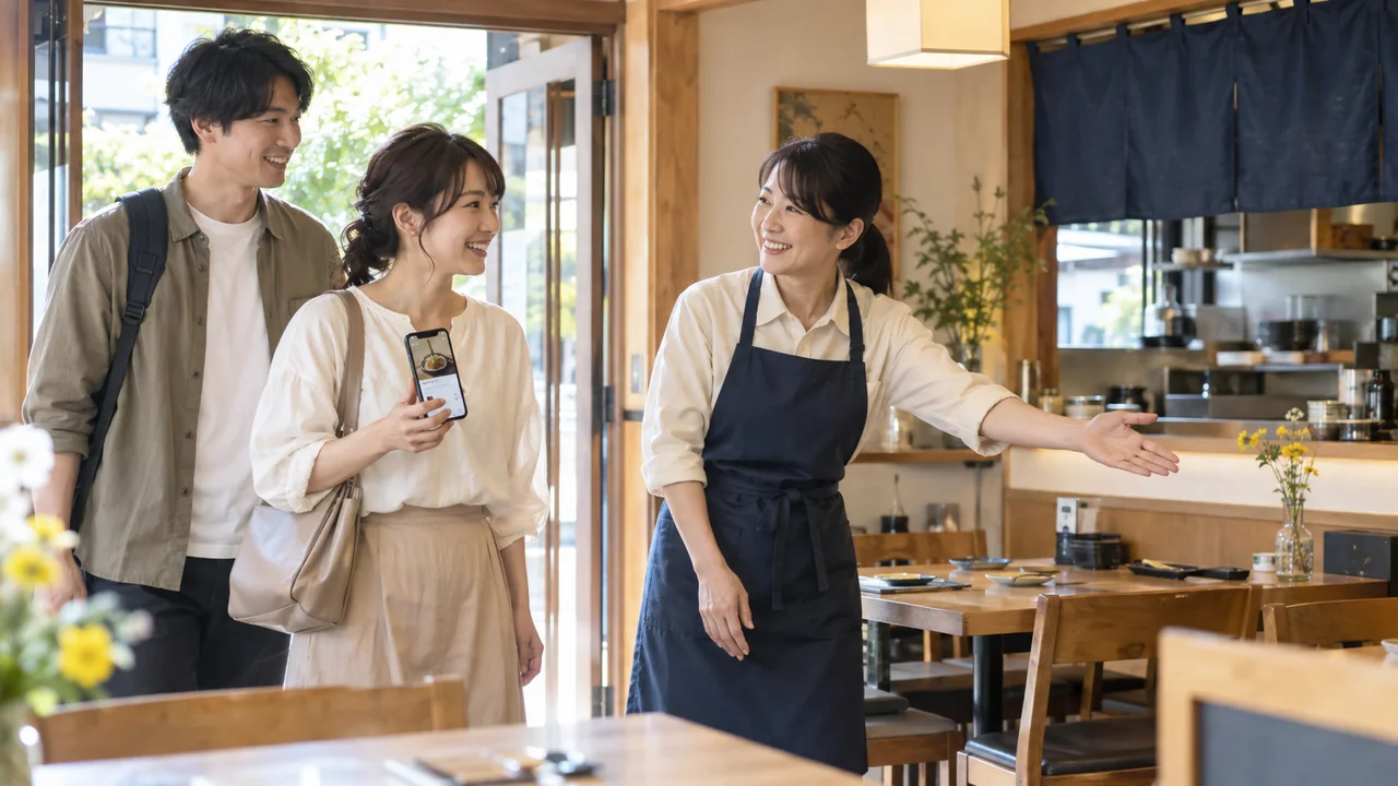 地域のお客様が店を知り料理と店内を確認して来店する流れ