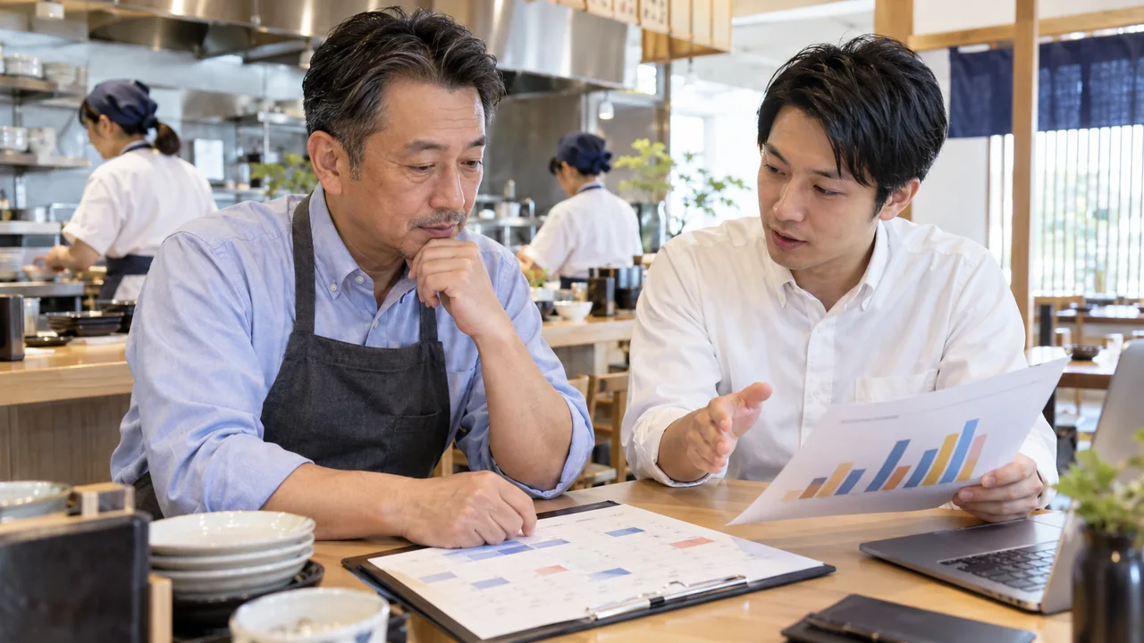 飲食店の予約と集客データを確認する店主と担当者