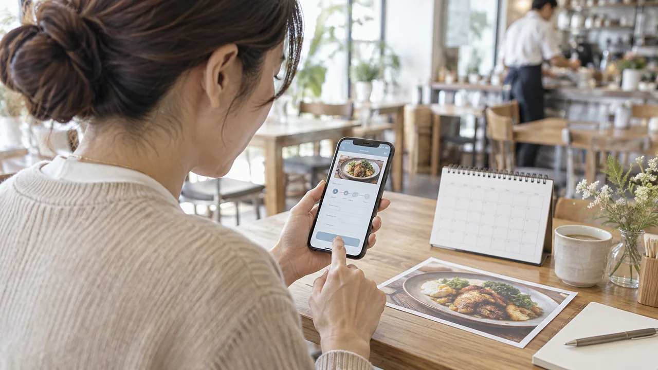 メニュー写真と予約ページを店主がスマートフォンで点検する様子