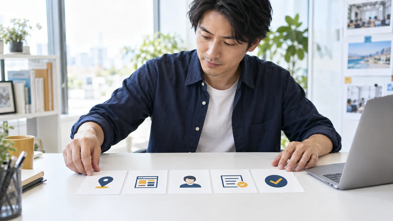 広告とLPの改善点を五つのカードで整理するイメージ