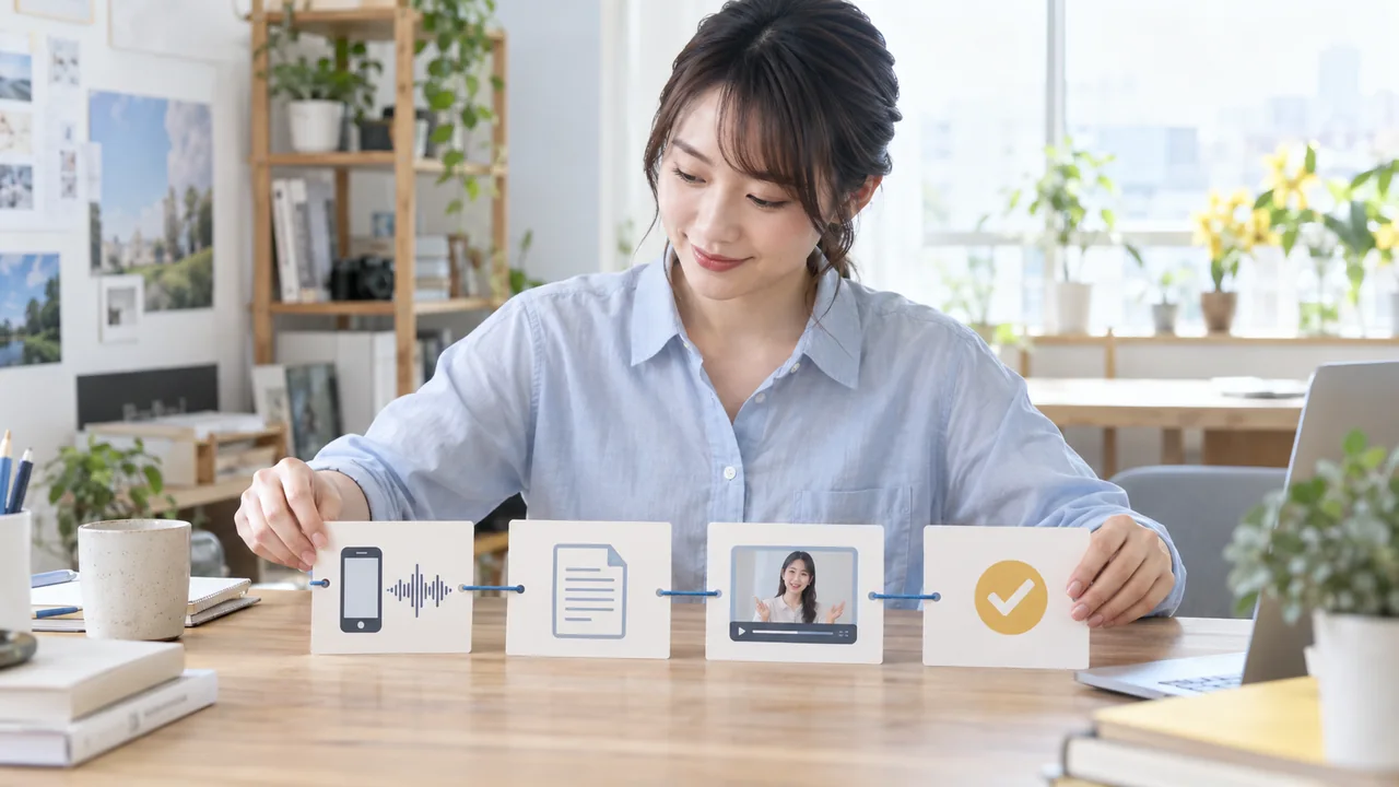 音声入力を起点に素材整理制作確認の工程をつなぐイメージ