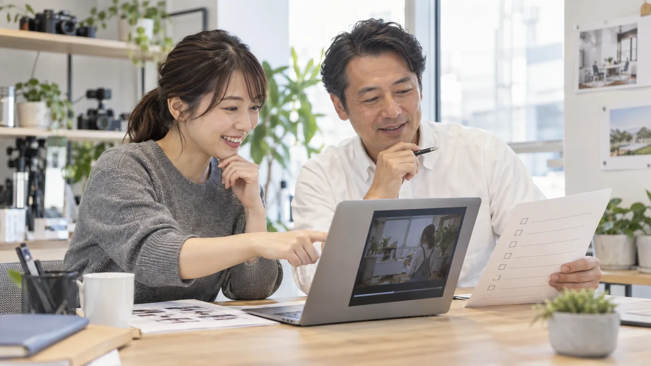 担当者が完成サンプルと運用チェックを確認している様子
