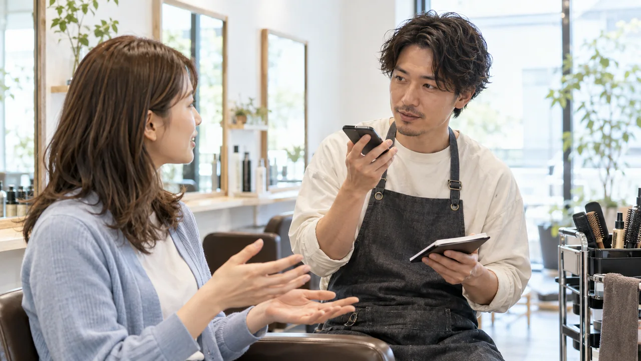 接客で得た具体的な経験を社長が音声メモに残す様子