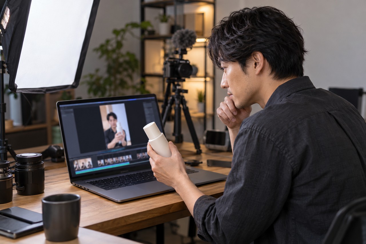 縦型動画の冒頭を確認しながら広告素材を改善する担当者