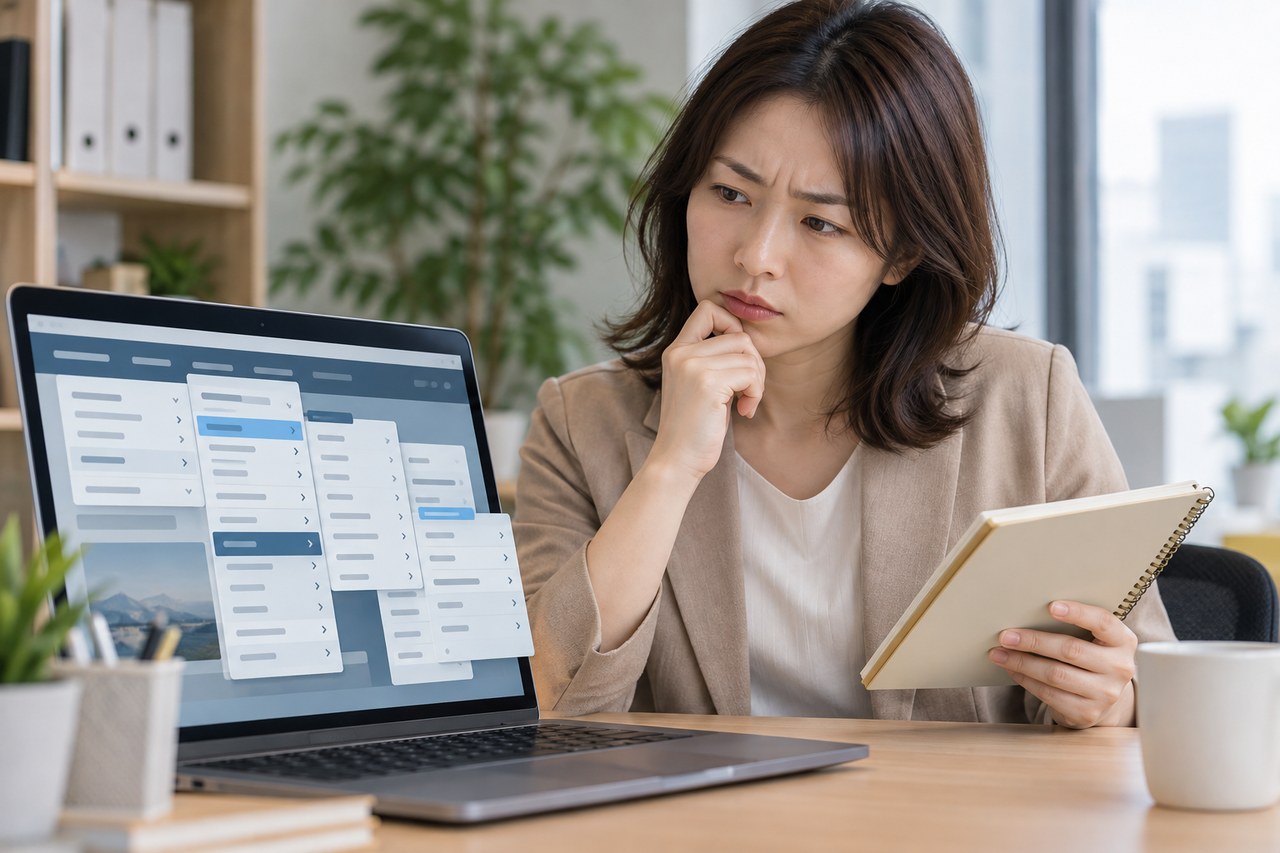 複雑なサイトメニューを見て迷う担当者
